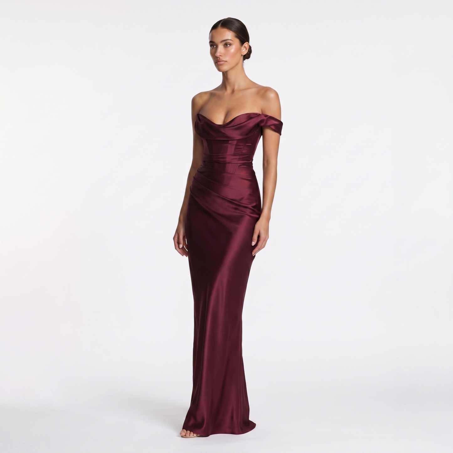 Maeve Women's Bardot Dress – Satin Off-Shoulder Bodycon Maxi Evening Gown