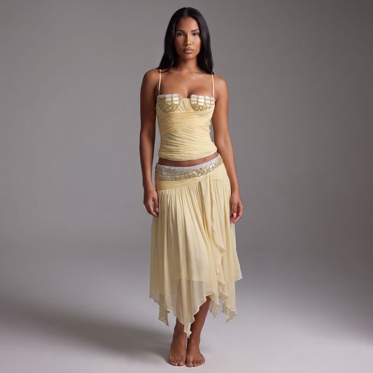 Maeve Women's Maxi Skirt Co-Ord Set, Corset Top & Irregular-Hem Skirt, Yellow