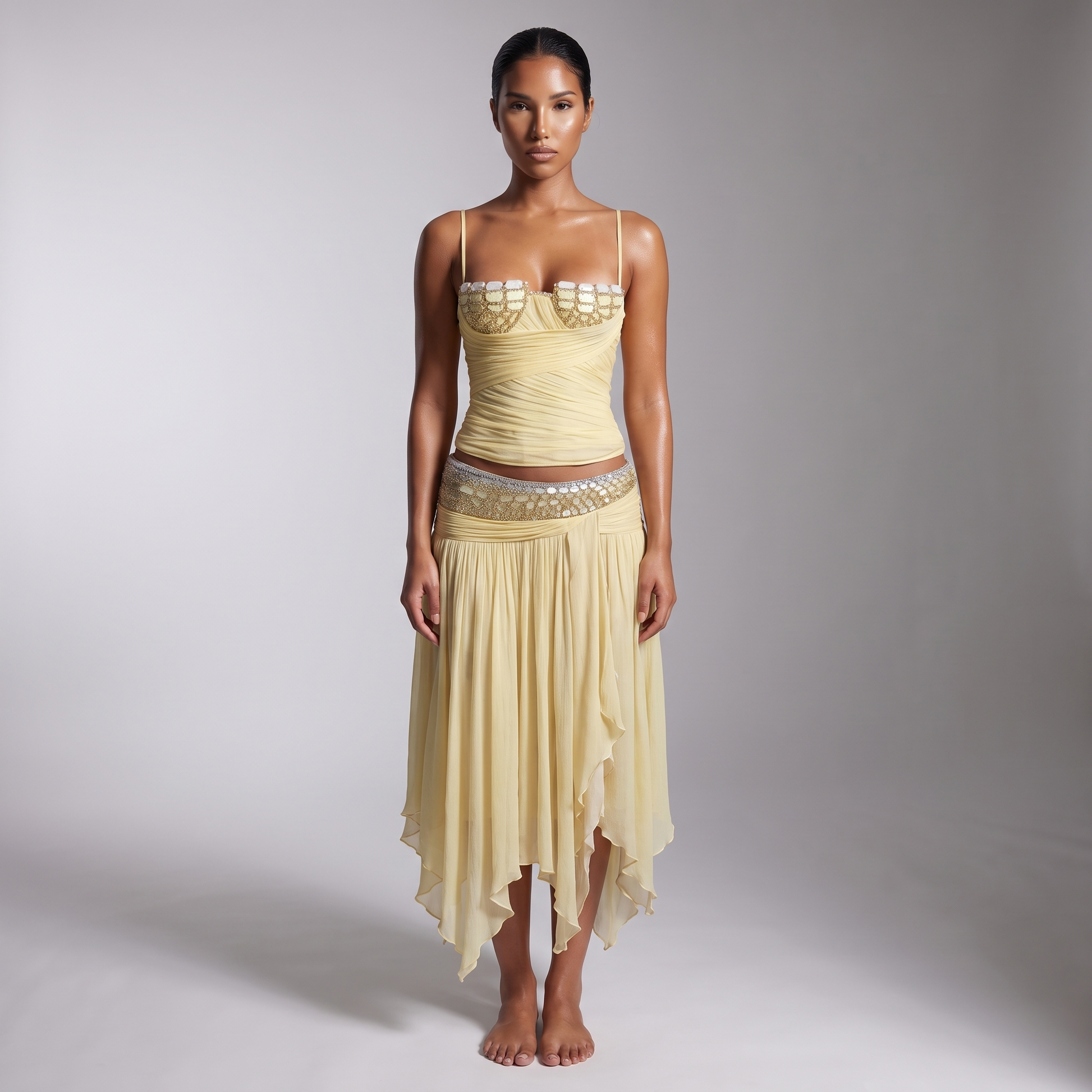 Pale yellow beaded corset top and handkerchief hem midi skirt set, full length front view on a neutral studio backdrop