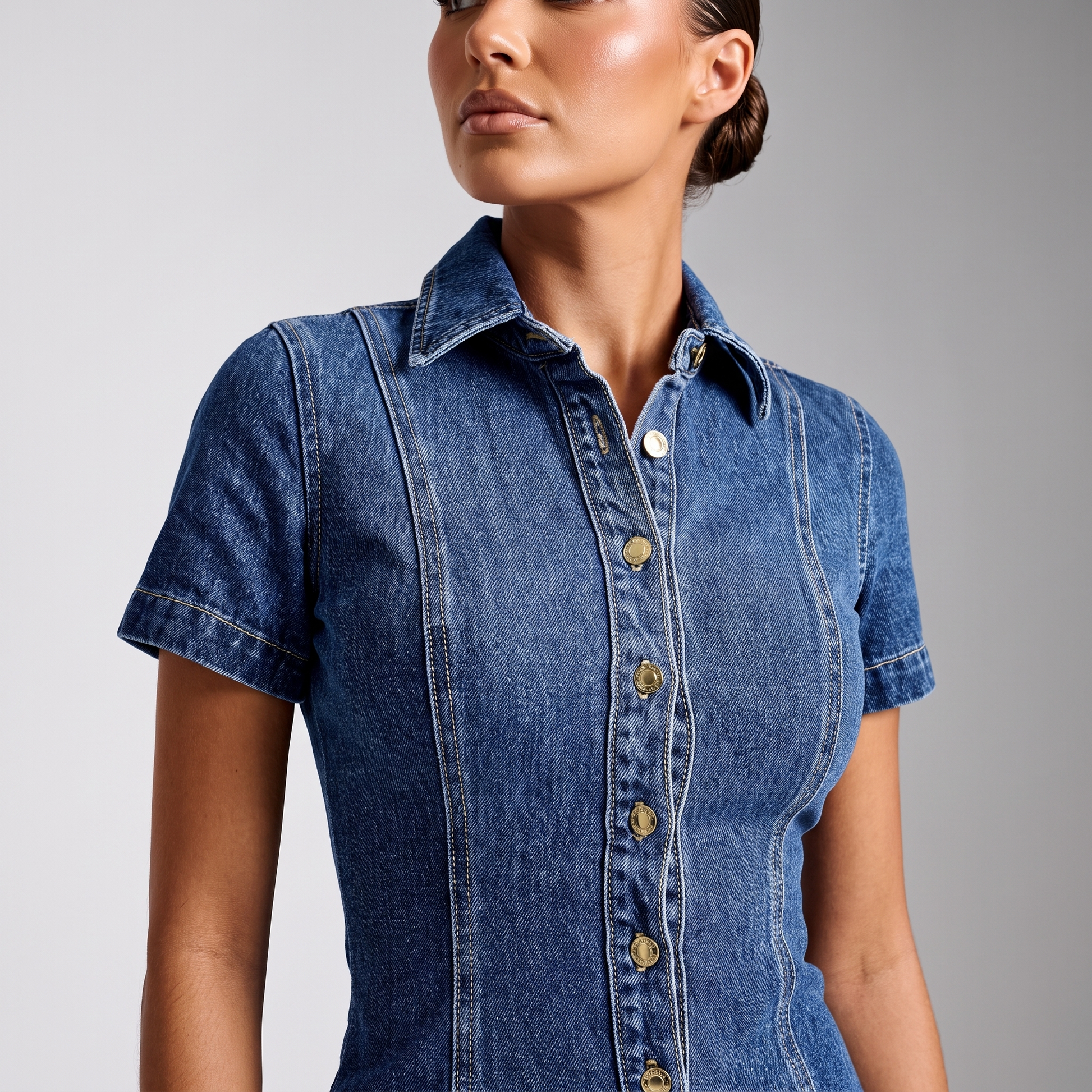 Close detail of the pointed collar, gold button placket and princess seams on the denim shirt