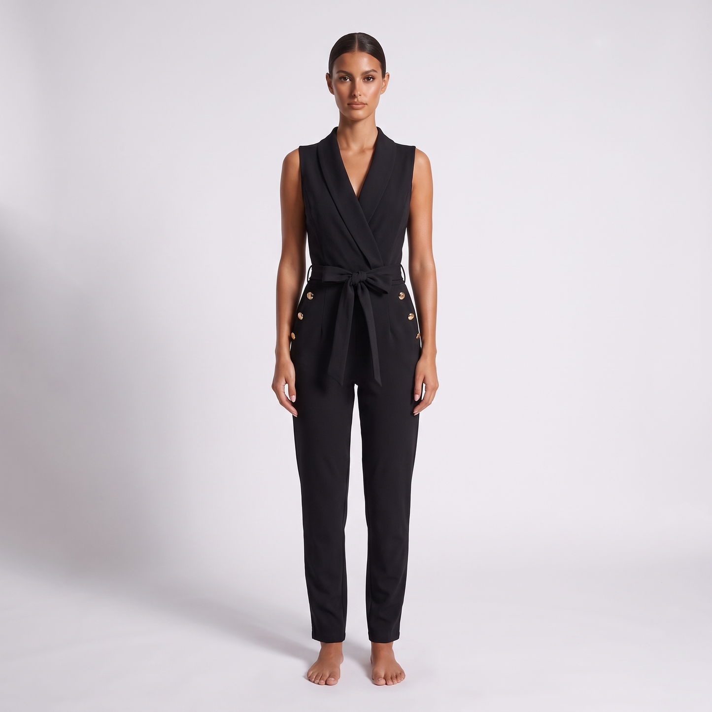 Maeve & Co V-neck sleeveless one-piece jumpsuit in black - full-length front view on model, wrap neckline, tie belt and gold buttons
