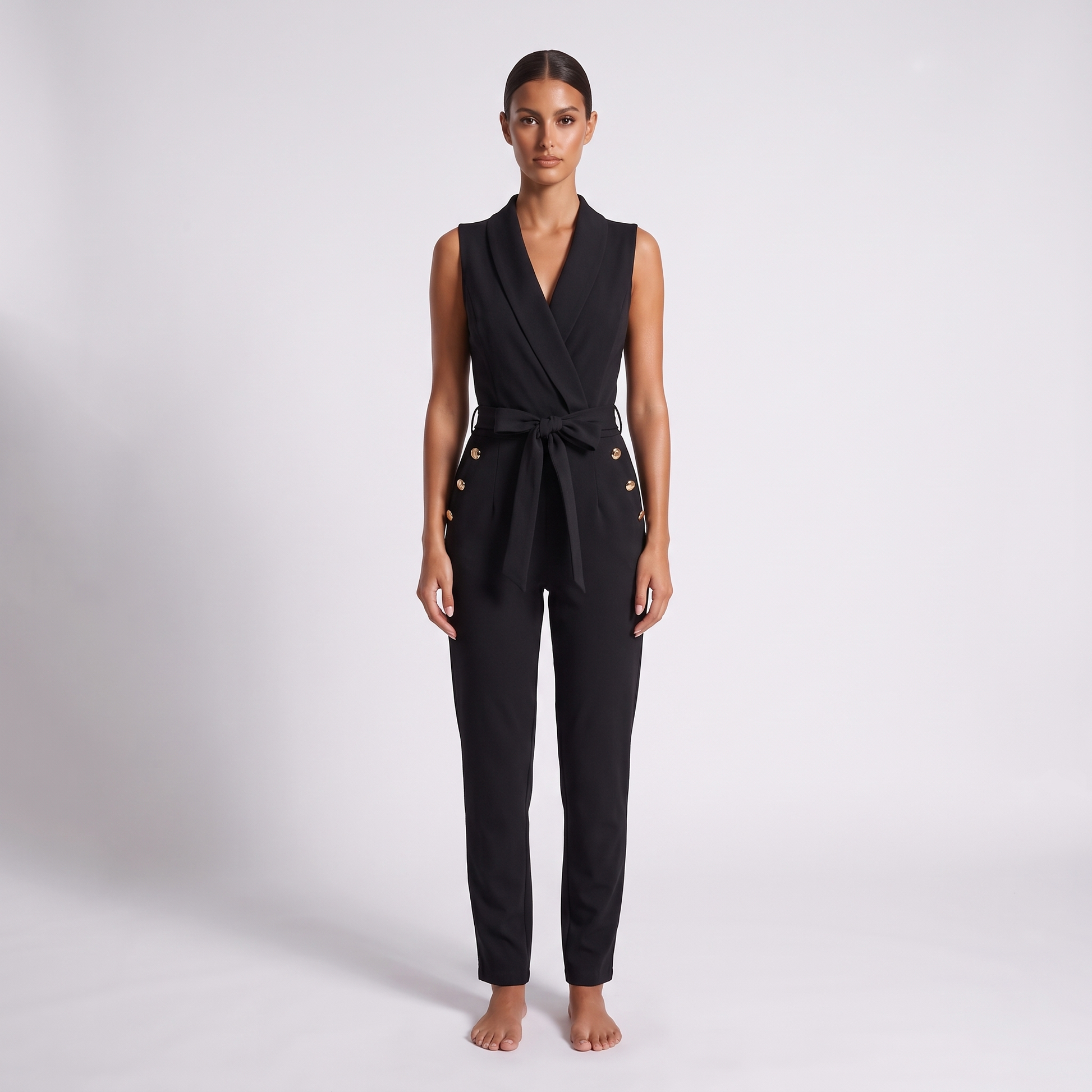 Maeve & Co V-neck sleeveless one-piece jumpsuit in black - full-length front view on model, wrap neckline, tie belt and gold buttons