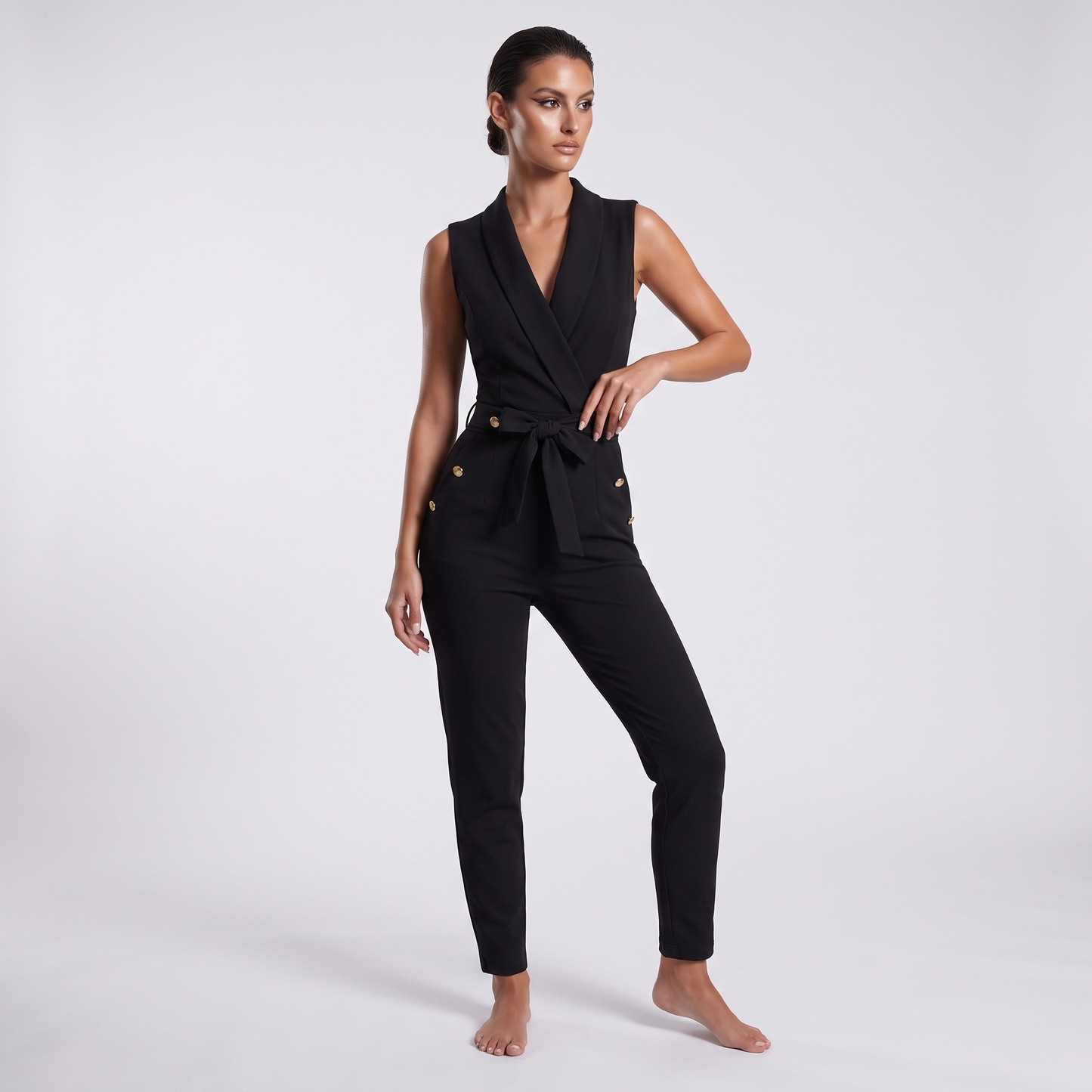 Black V-neck sleeveless jumpsuit - three-quarter view showing the slim tapered full-length leg