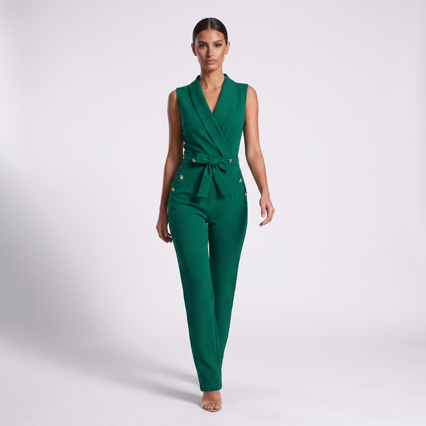 Maeve & Co V-neck sleeveless one-piece jumpsuit in emerald green - full-length front view on model