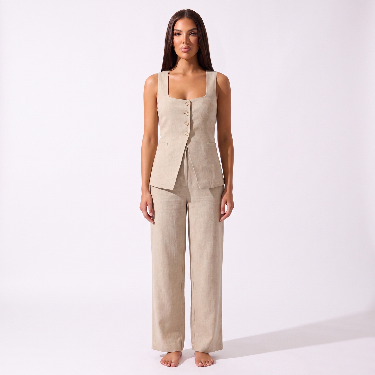 Cotton Sleeveless Vest and Pants Set - khaki - full look
