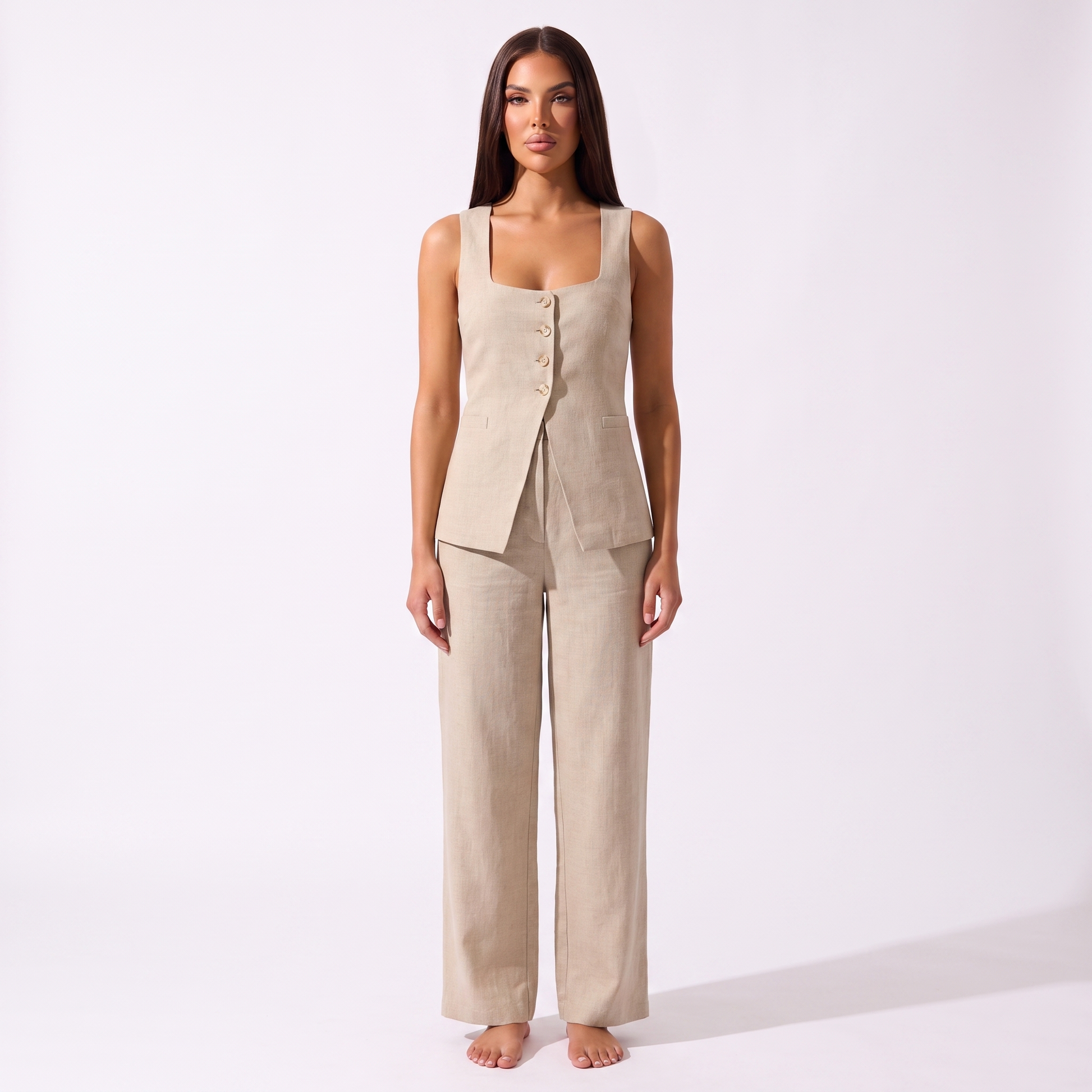 Cotton Sleeveless Vest and Pants Set - khaki - full look