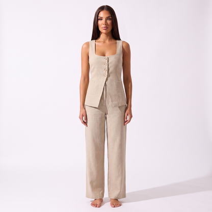 Cotton Sleeveless Vest and Pants Set - khaki - full look
