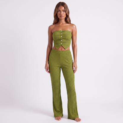 Stretch Button Detail Strapless Flare Pants Suit - Dark green - full look