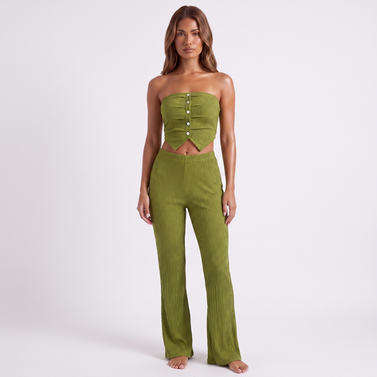 Stretch Button Detail Strapless Flare Pants Suit - Dark green - full look