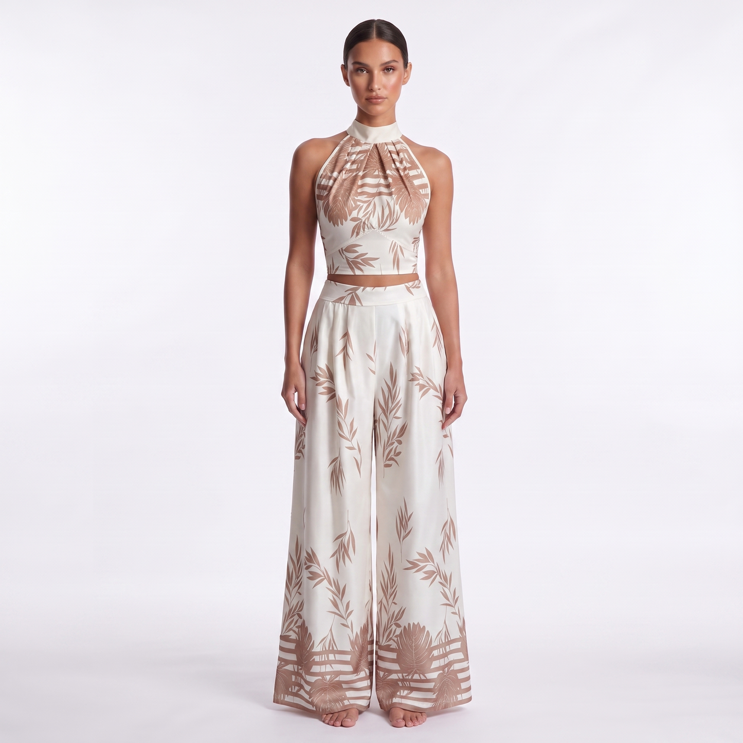 Womens Halter Neck Tank Top and Wide-Leg Pants Set - full look