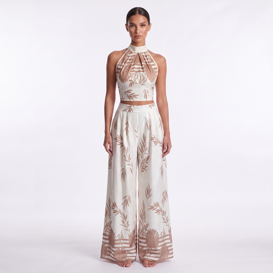 Womens Halter Neck Tank Top and Wide-Leg Pants Set - full look