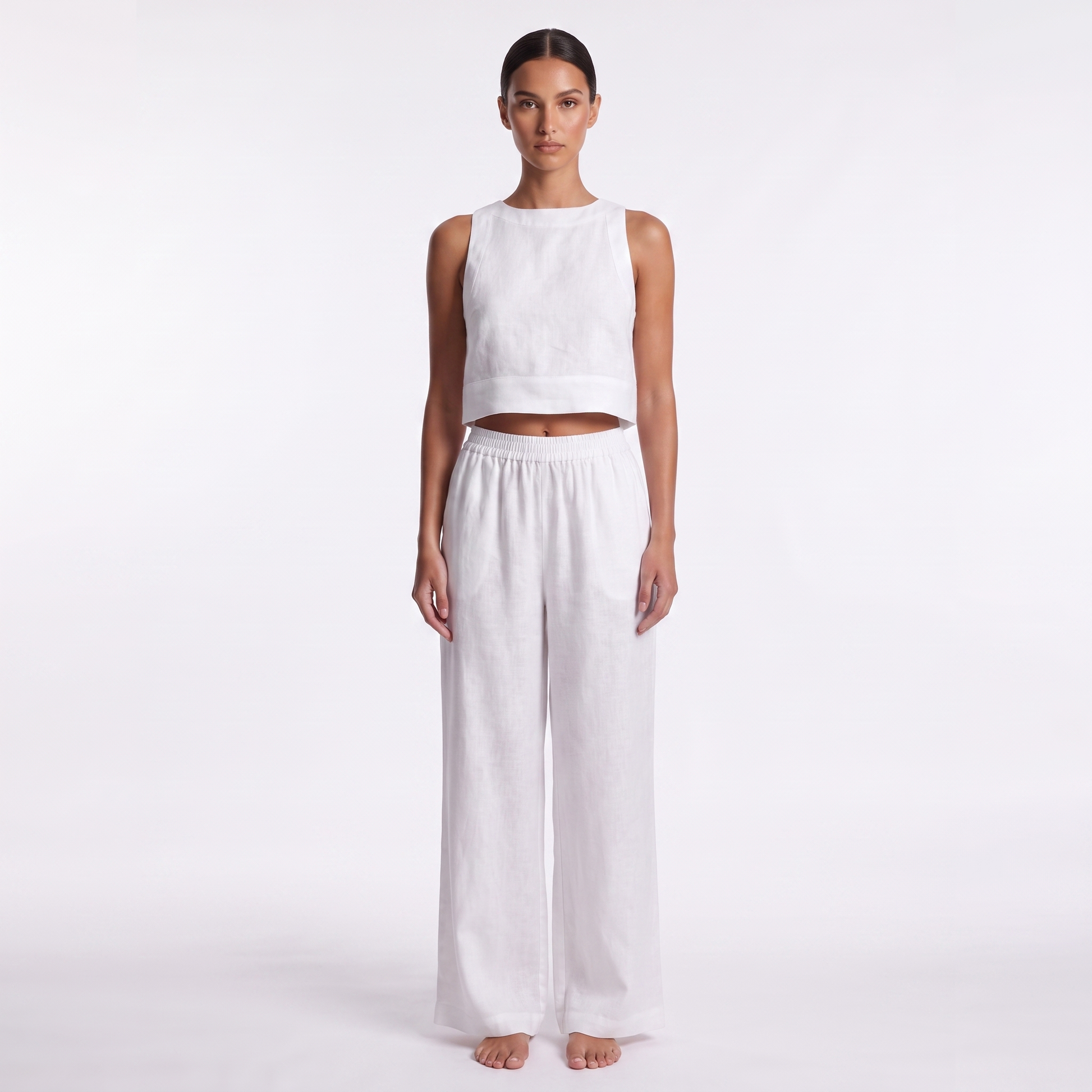 Women's Casual Sleeveless Shirt and Pants Set - White, full look