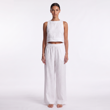 Women's Casual Sleeveless Shirt and Pants Set - White, full look