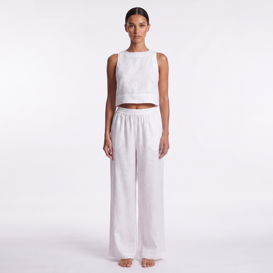 Women's Casual Sleeveless Shirt and Pants Set - White, full look