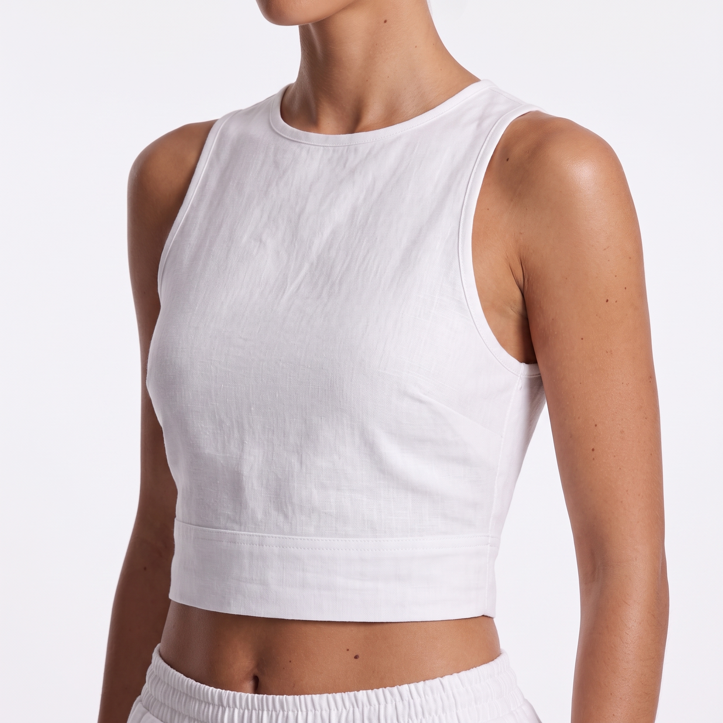 Women's Casual Sleeveless Shirt and Pants Set - White, top detail