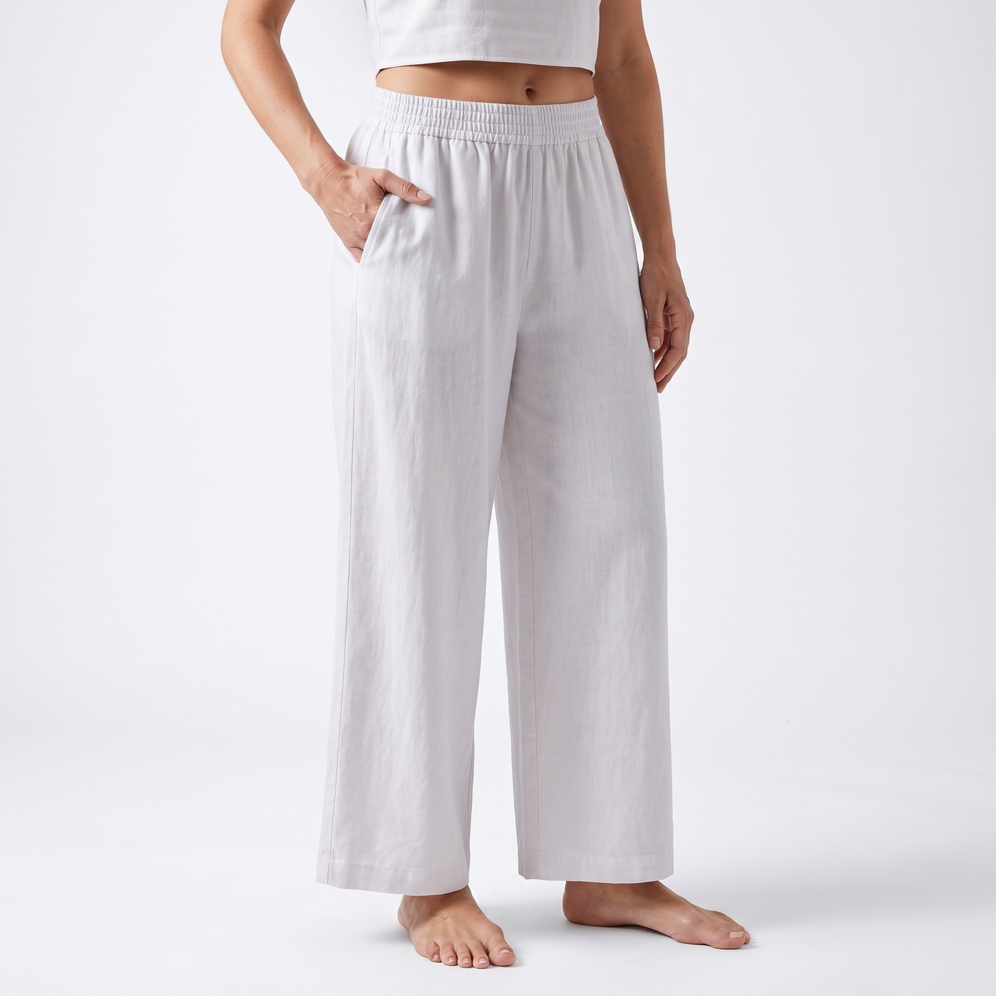 Women's Casual Sleeveless Shirt and Pants Set - White, trouser detail