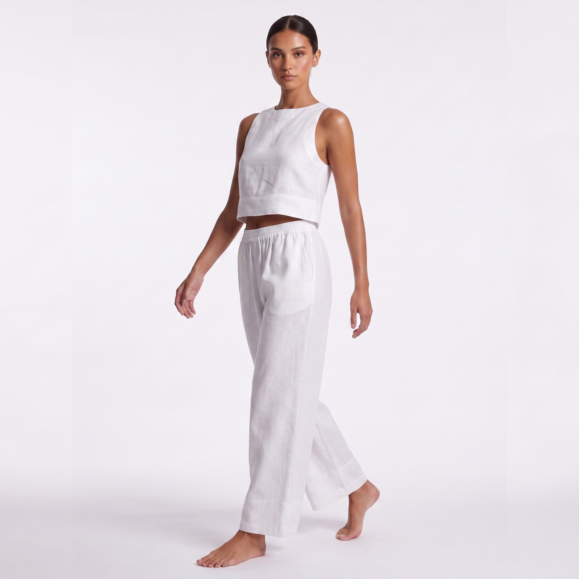 Women's Casual Sleeveless Shirt and Pants Set - White, three-quarter