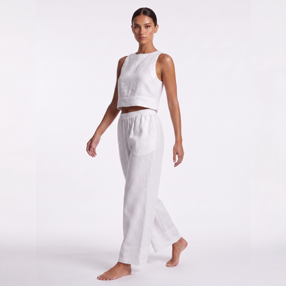 Women's Casual Sleeveless Shirt and Pants Set - White, three-quarter
