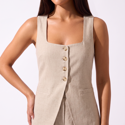 Cotton Sleeveless Vest and Pants Set - khaki - vest detail