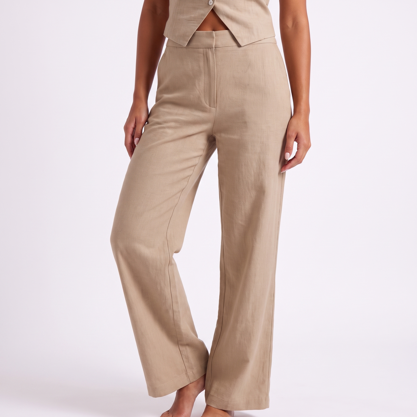 Cotton Sleeveless Vest and Pants Set - khaki - trouser detail