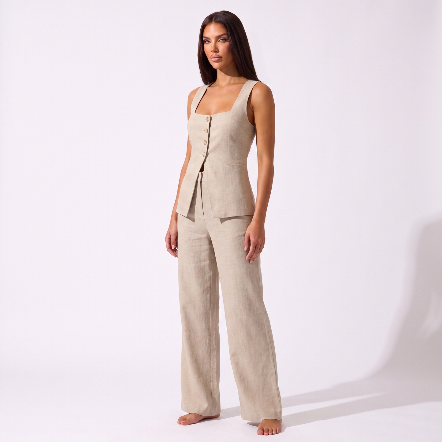 Cotton Sleeveless Vest and Pants Set - khaki - three quarter