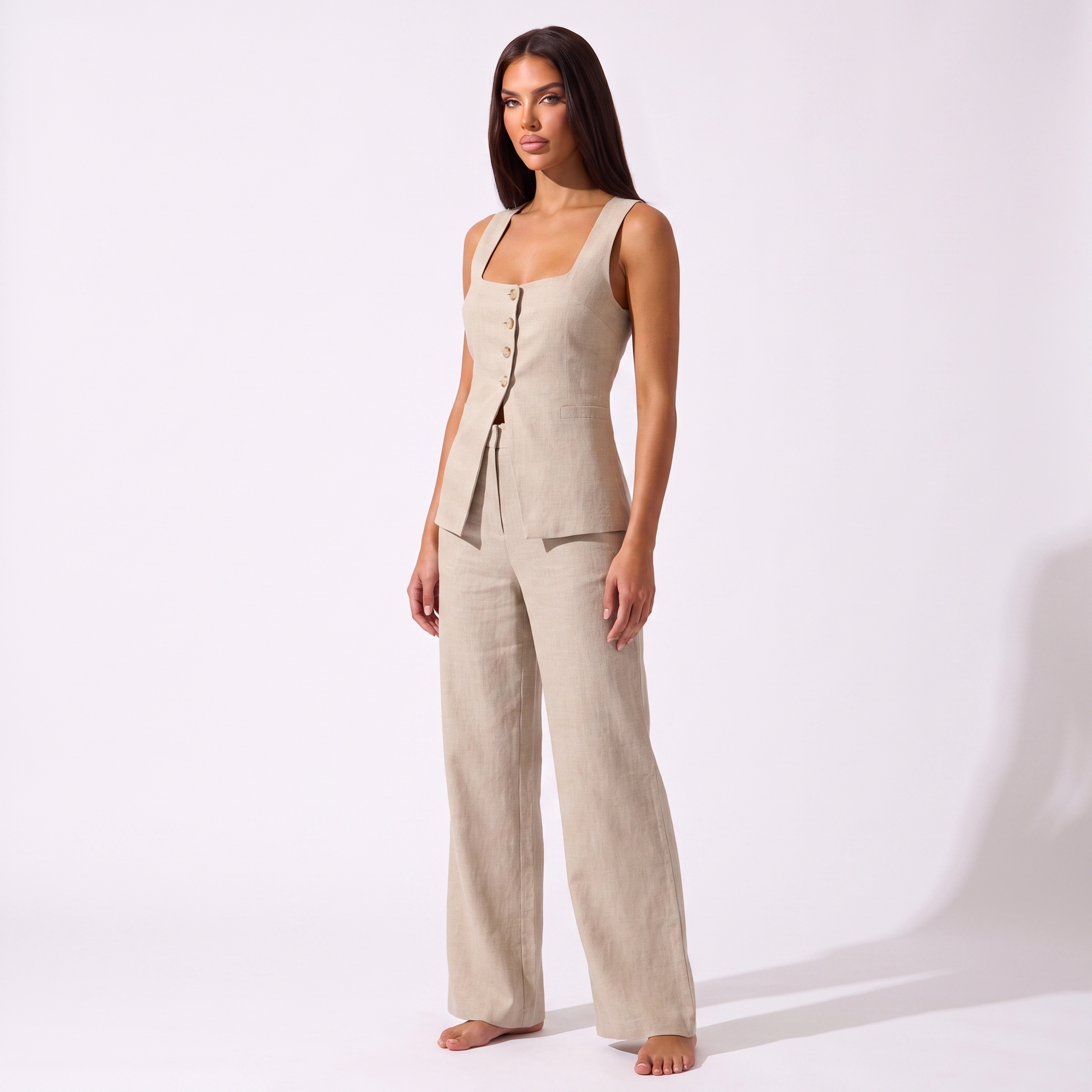 Cotton Sleeveless Vest and Pants Set - khaki - three quarter