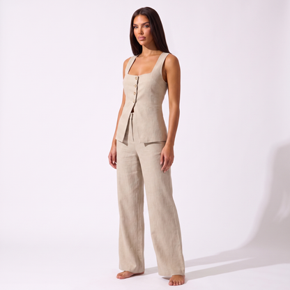 Cotton Sleeveless Vest and Pants Set - khaki - three quarter