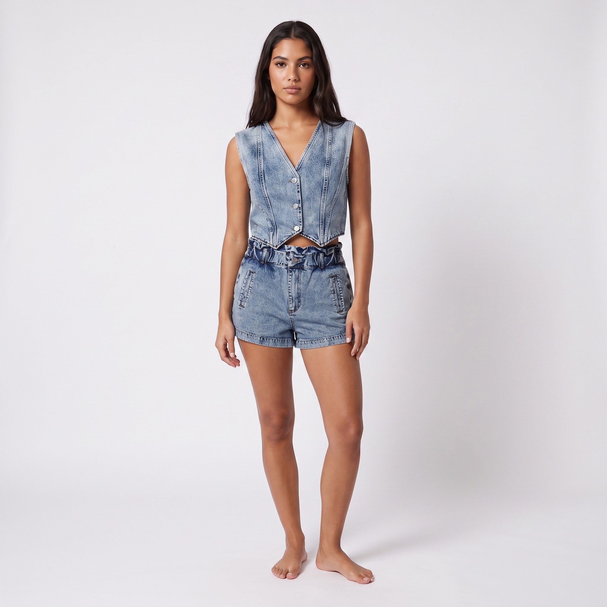 Washed denim vest and paperbag shorts co-ord set - full look, front