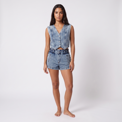 Washed denim vest and paperbag shorts co-ord set - full look, front