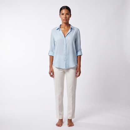 Powder blue long-sleeve button-front blouse, full-length front view