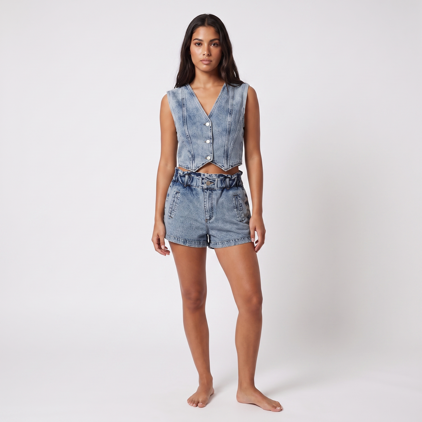 Washed denim vest and shorts set - three-quarter view