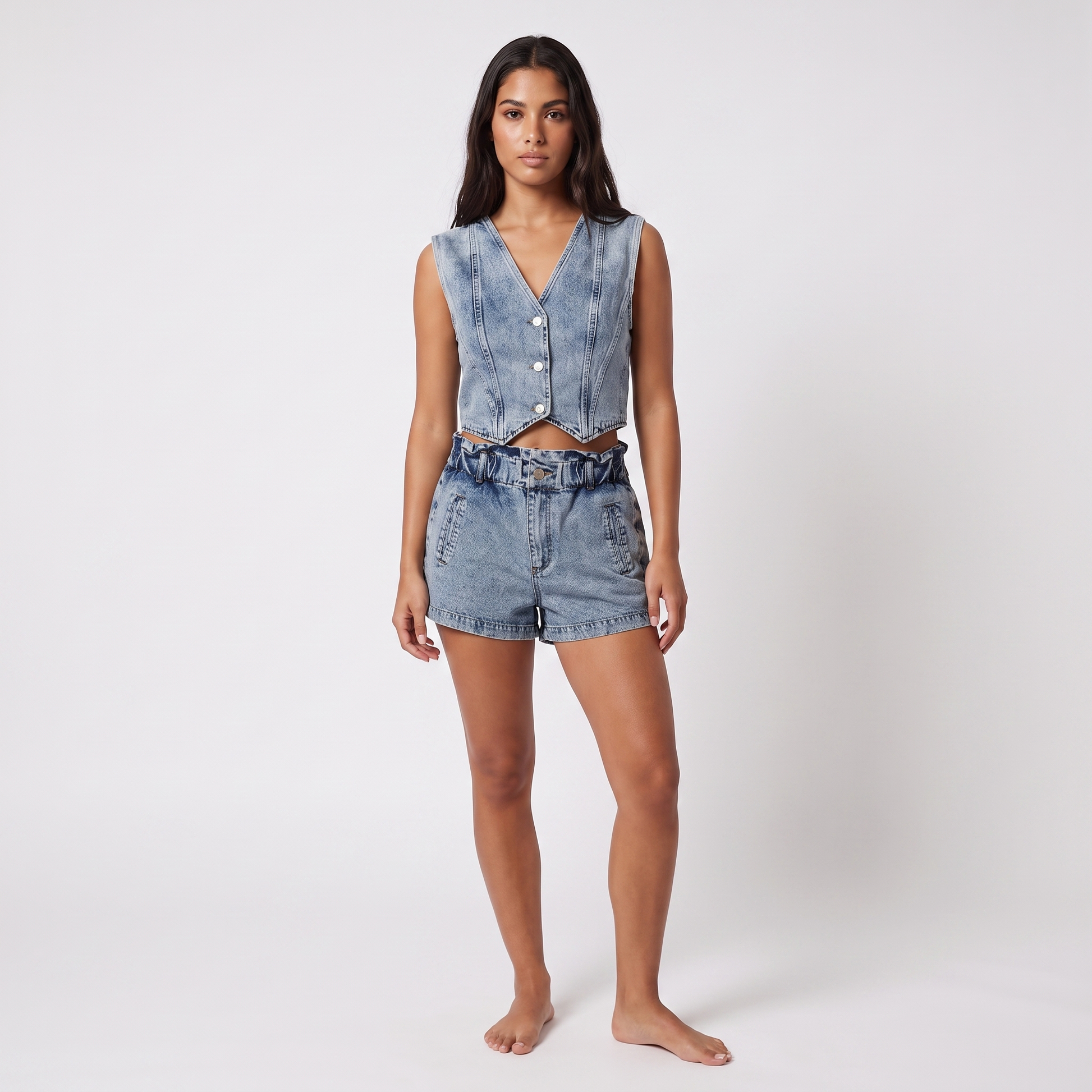 Washed denim vest and shorts set - three-quarter view