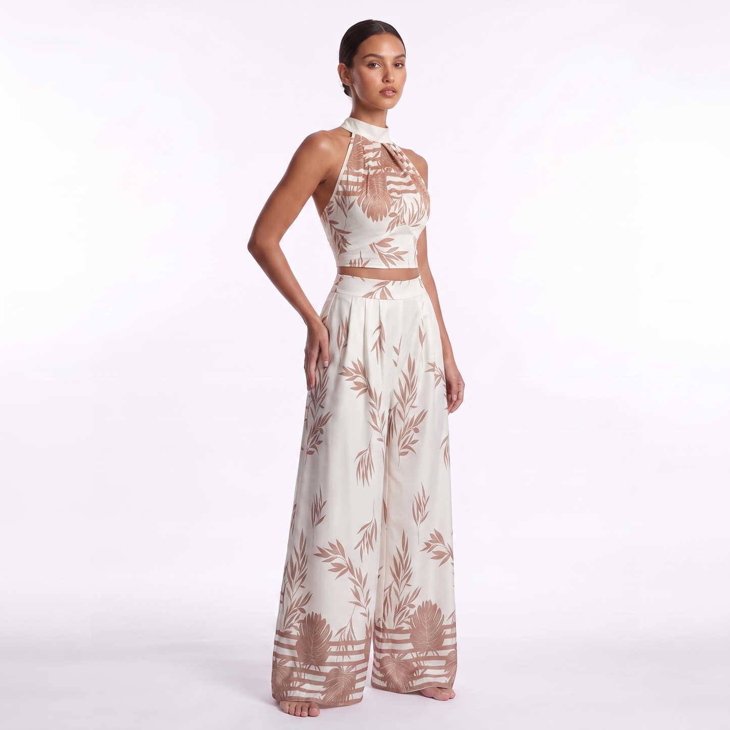 Womens Halter Neck Tank Top and Wide-Leg Pants Set - three quarter