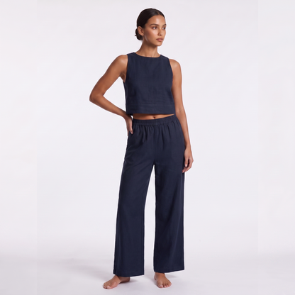 Women's Casual Sleeveless Shirt and Pants Set - Navy