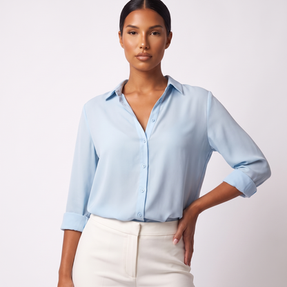 Powder blue button-front blouse, cropped front view of the open collar and placket
