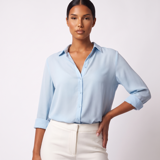 Powder blue button-front blouse, cropped front view of the open collar and placket