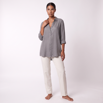 Grey long-sleeve button-front blouse, full-length front view