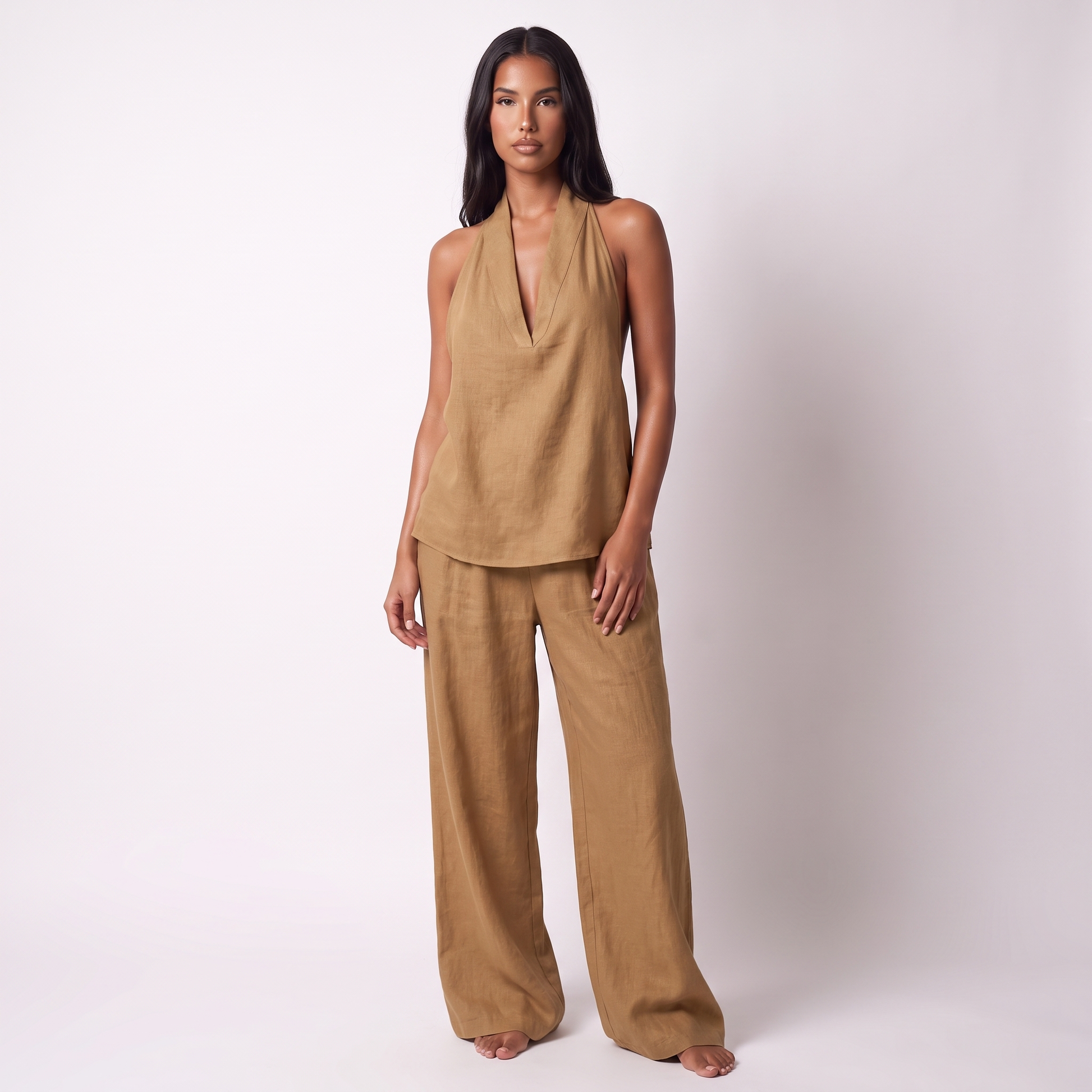 Womens Sleeveless Linen Two-Piece Set - Caramel - full look
