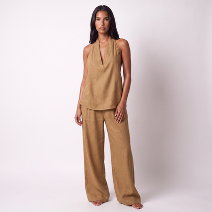 Womens Sleeveless Linen Two-Piece Set - Caramel - full look