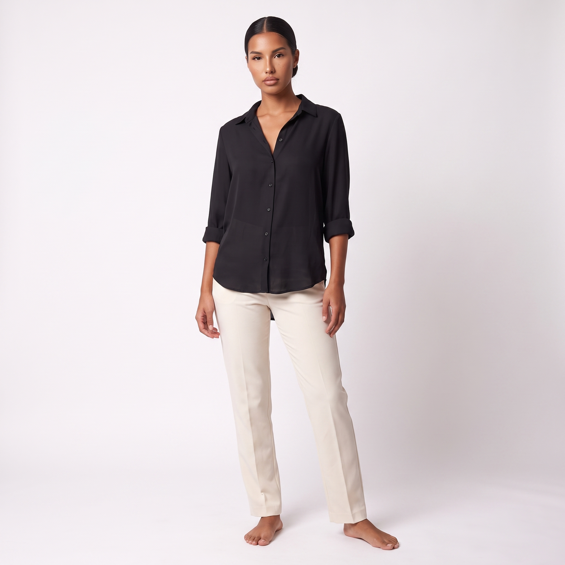 Black long-sleeve button-front blouse, full-length front view