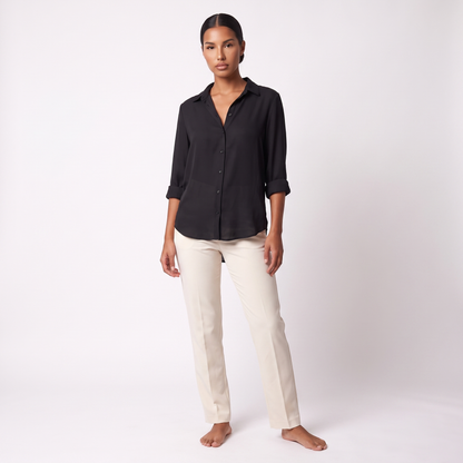 Black long-sleeve button-front blouse, full-length front view