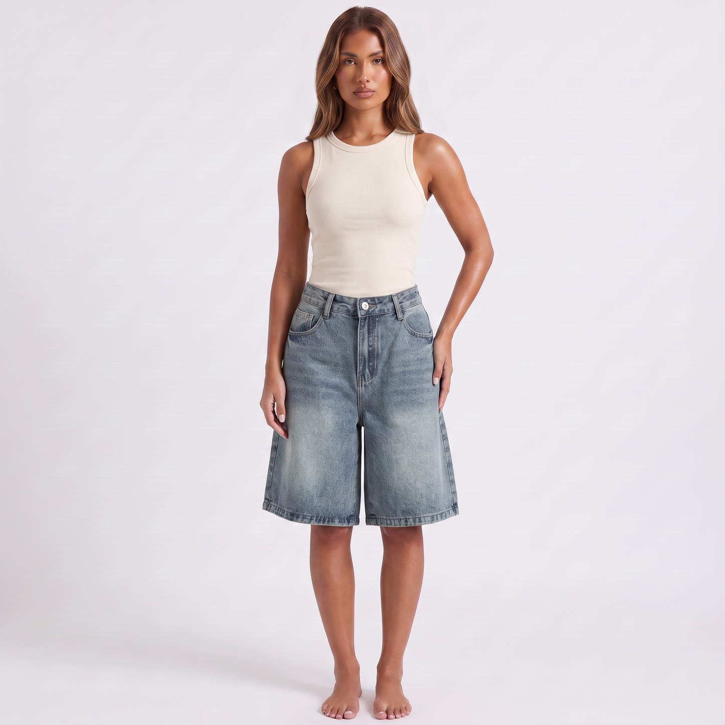 Maeve Denim Wide-Leg Shorts - Blue - Full model