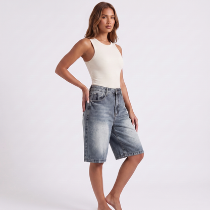 Maeve Denim Wide-Leg Shorts - Blue - Three-quarter