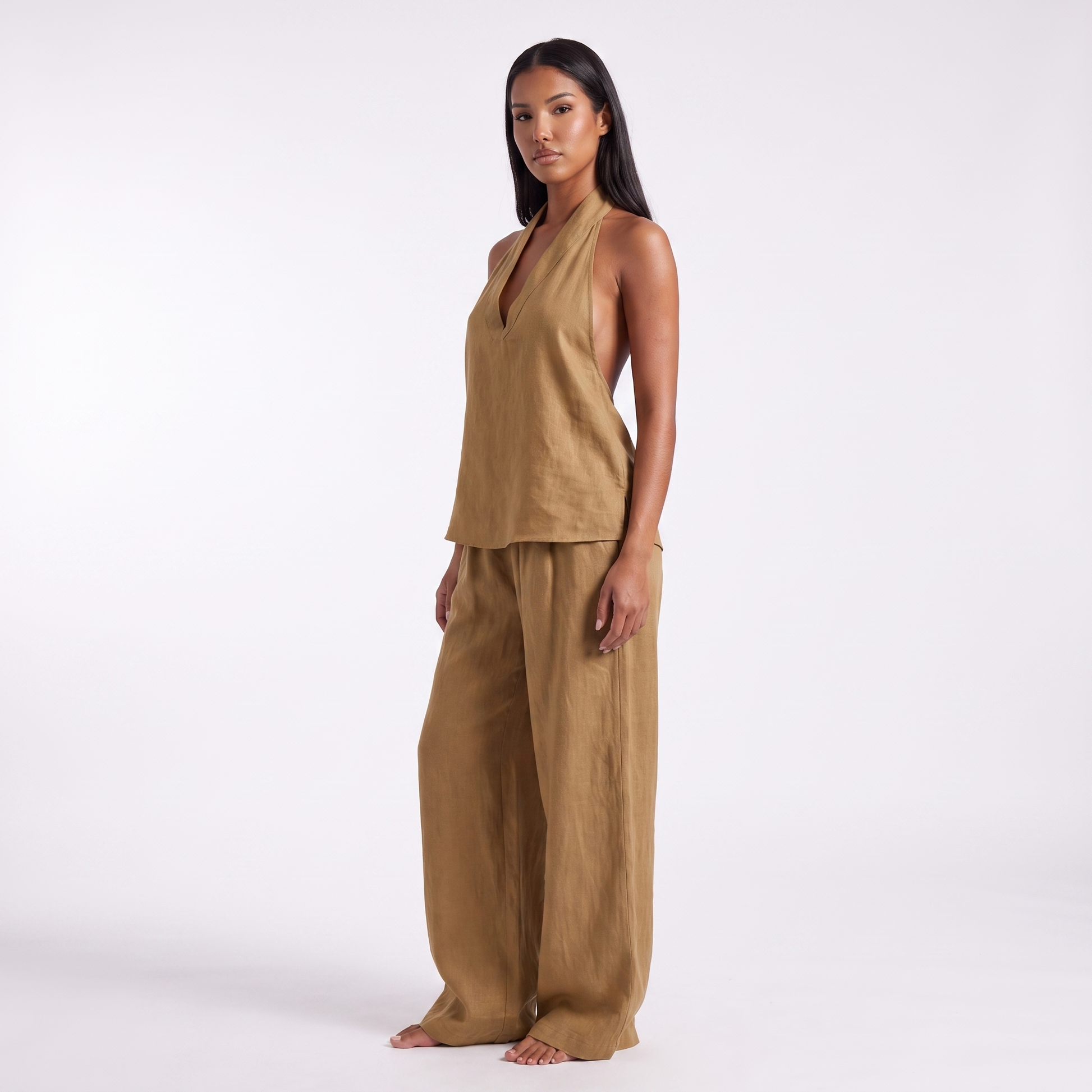 Womens Sleeveless Linen Two-Piece Set - Caramel - three quarter