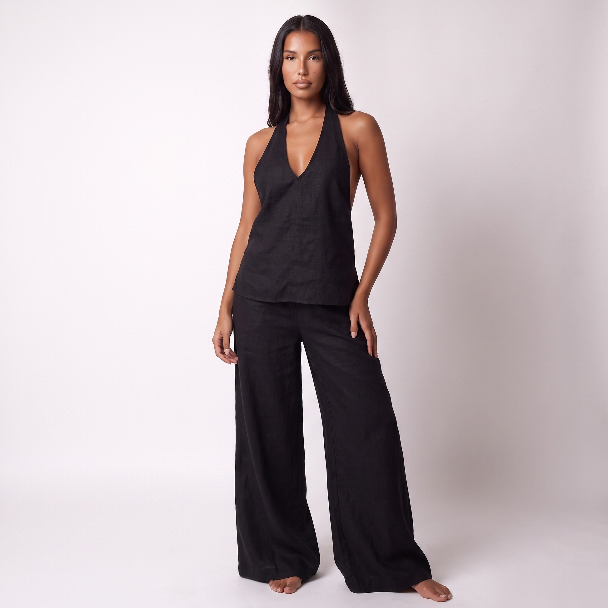 Womens Sleeveless Linen Two-Piece Set - Black - full look