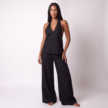 Womens Sleeveless Linen Two-Piece Set - Black - full look
