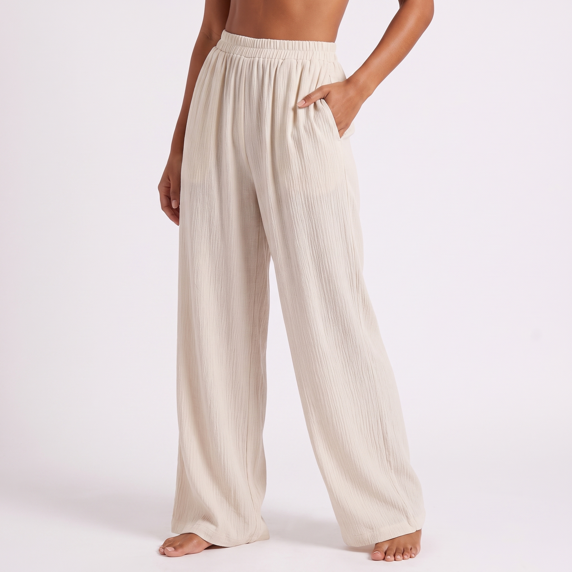 Womens Sleeveless Vest Casual Pant - Apricot - trouser detail
