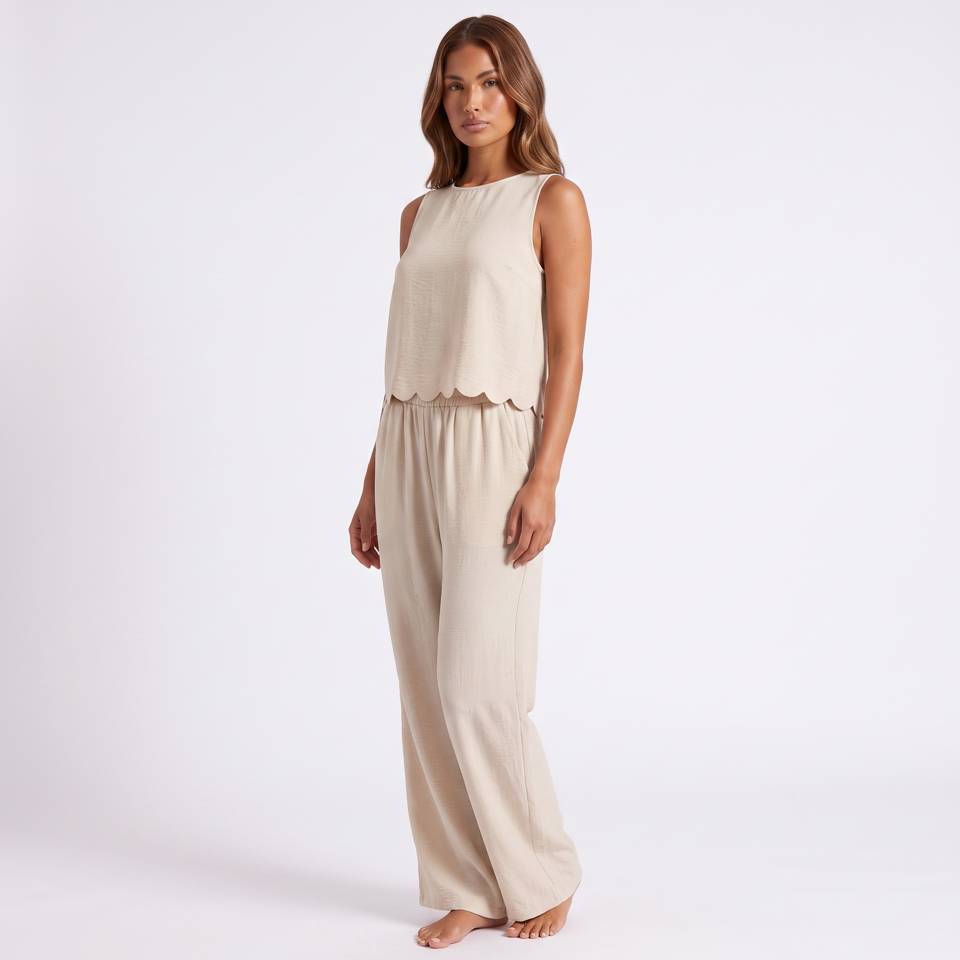 Womens Sleeveless Vest Casual Pant - Apricot - three quarter