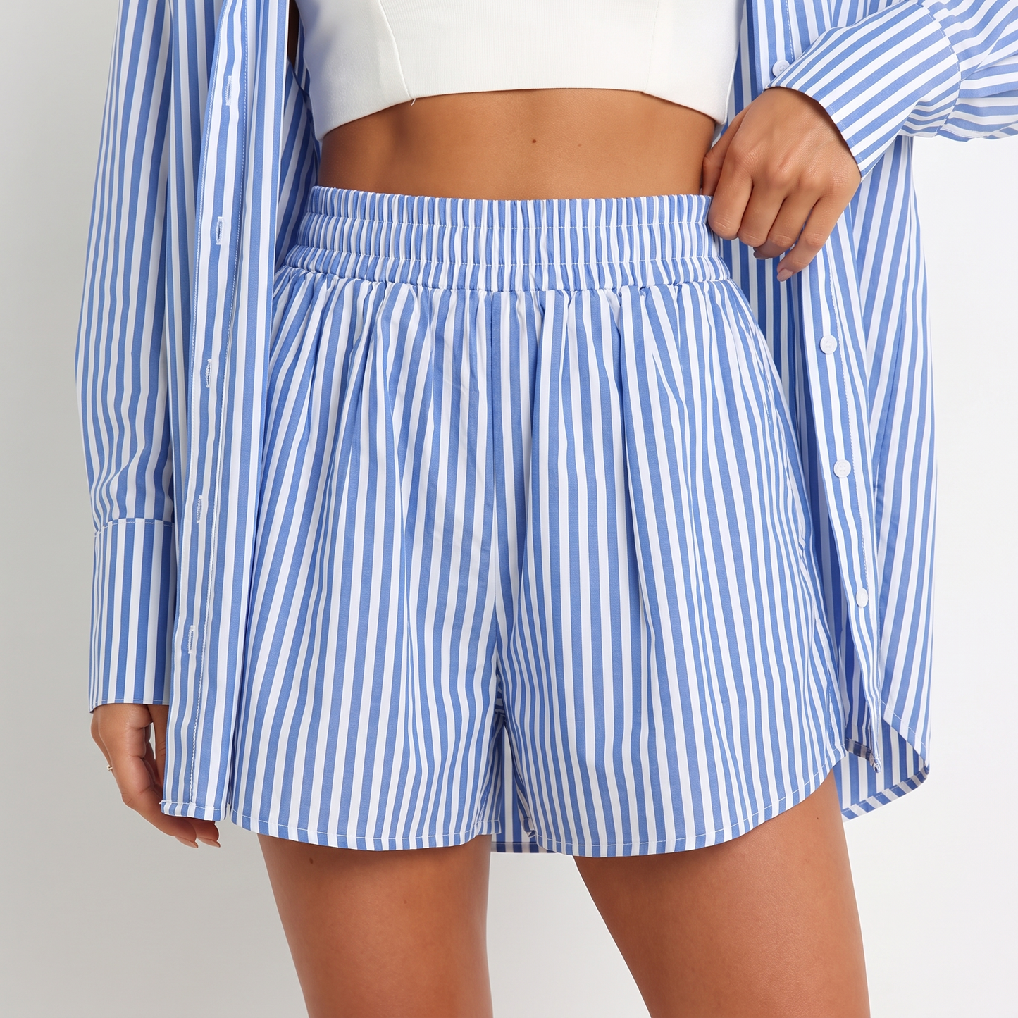 Maeve & Co striped shirt set — blue, shorts and shirred waistband detail