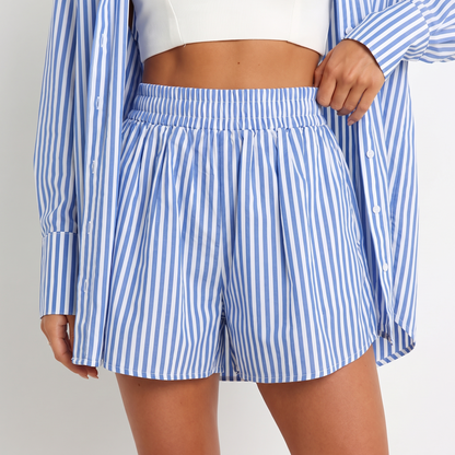 Maeve & Co striped shirt set — blue, shorts and shirred waistband detail